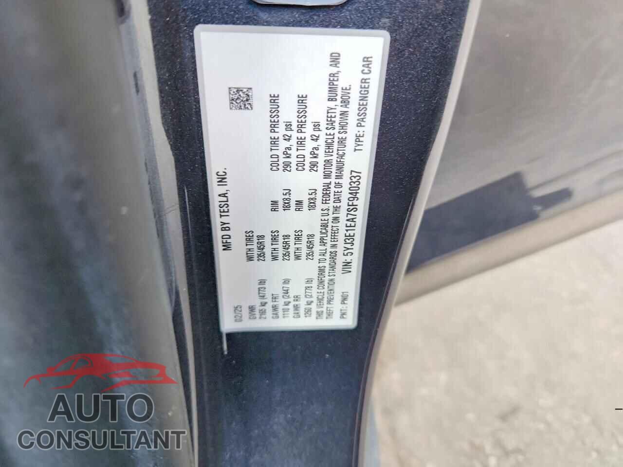 TESLA MODEL 3 2025 - 5YJ3E1EA7SF940337