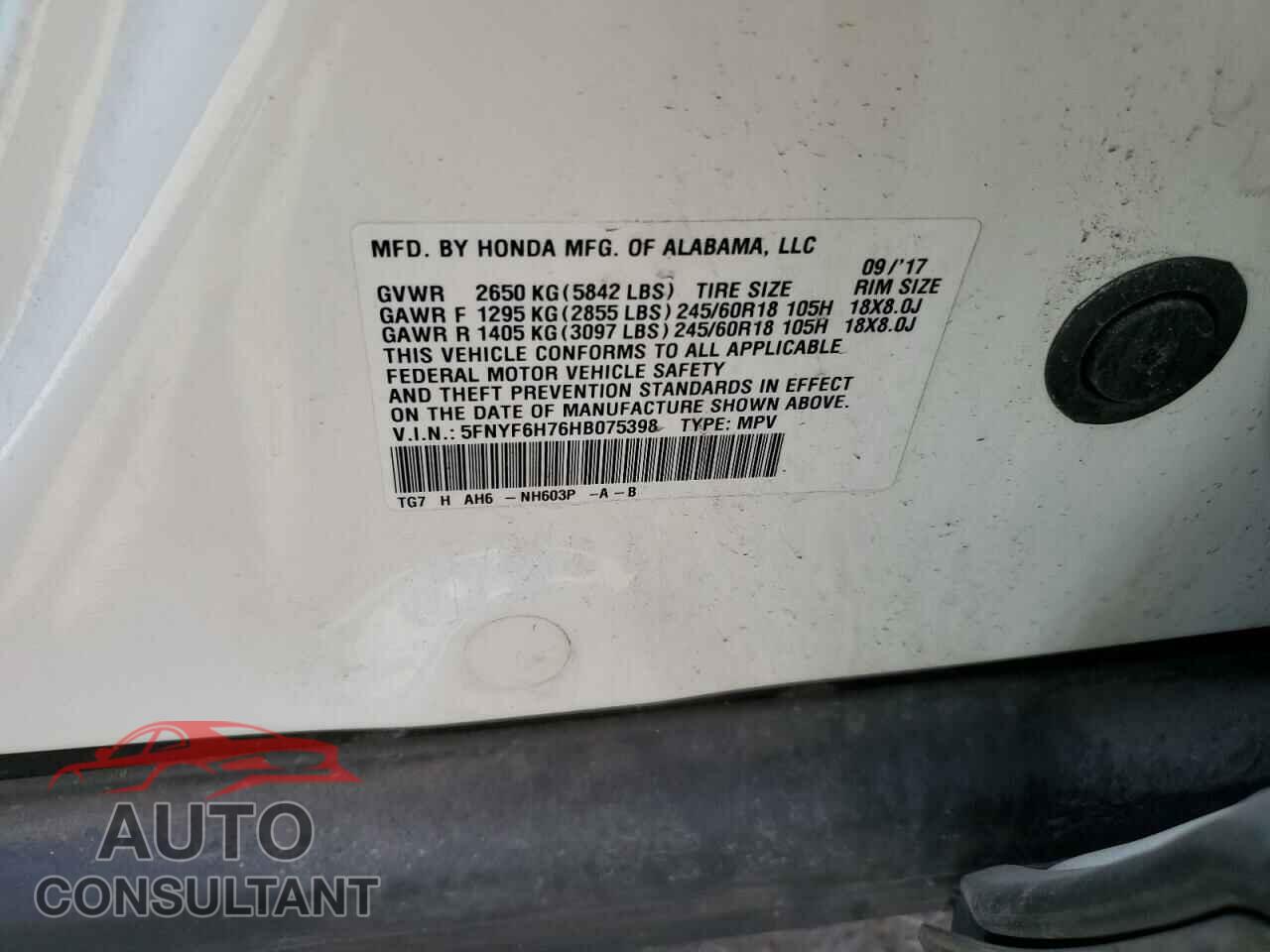 HONDA PILOT 2017 - 5FNYF6H76HB075398