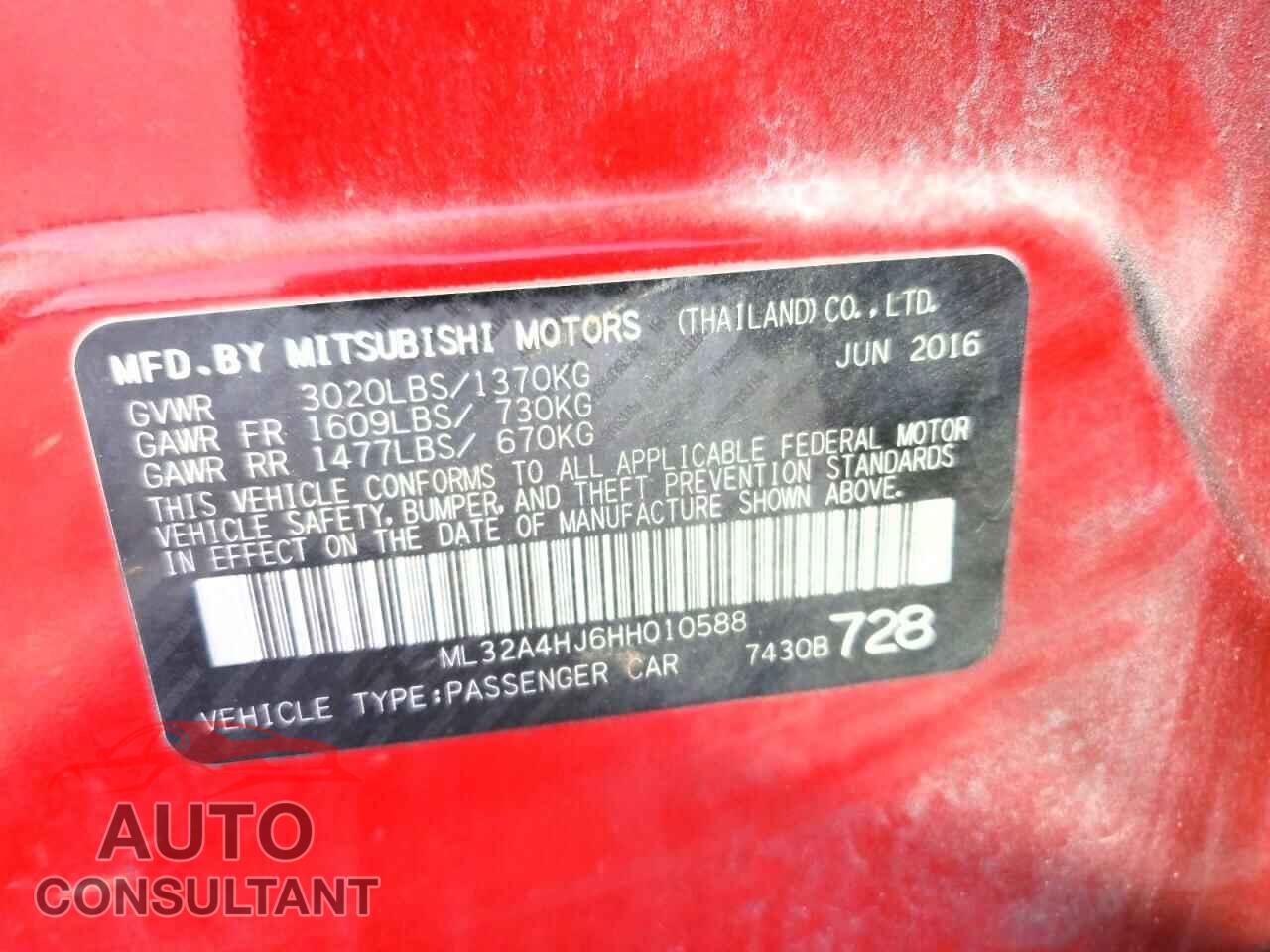 MITSUBISHI MIRAGE 2017 - ML32A4HJ6HH010588
