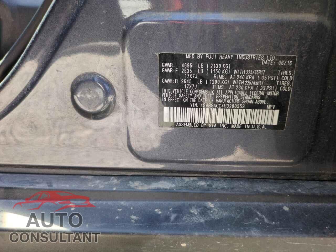 SUBARU OUTBACK 2017 - 4S4BSACC4H3200559
