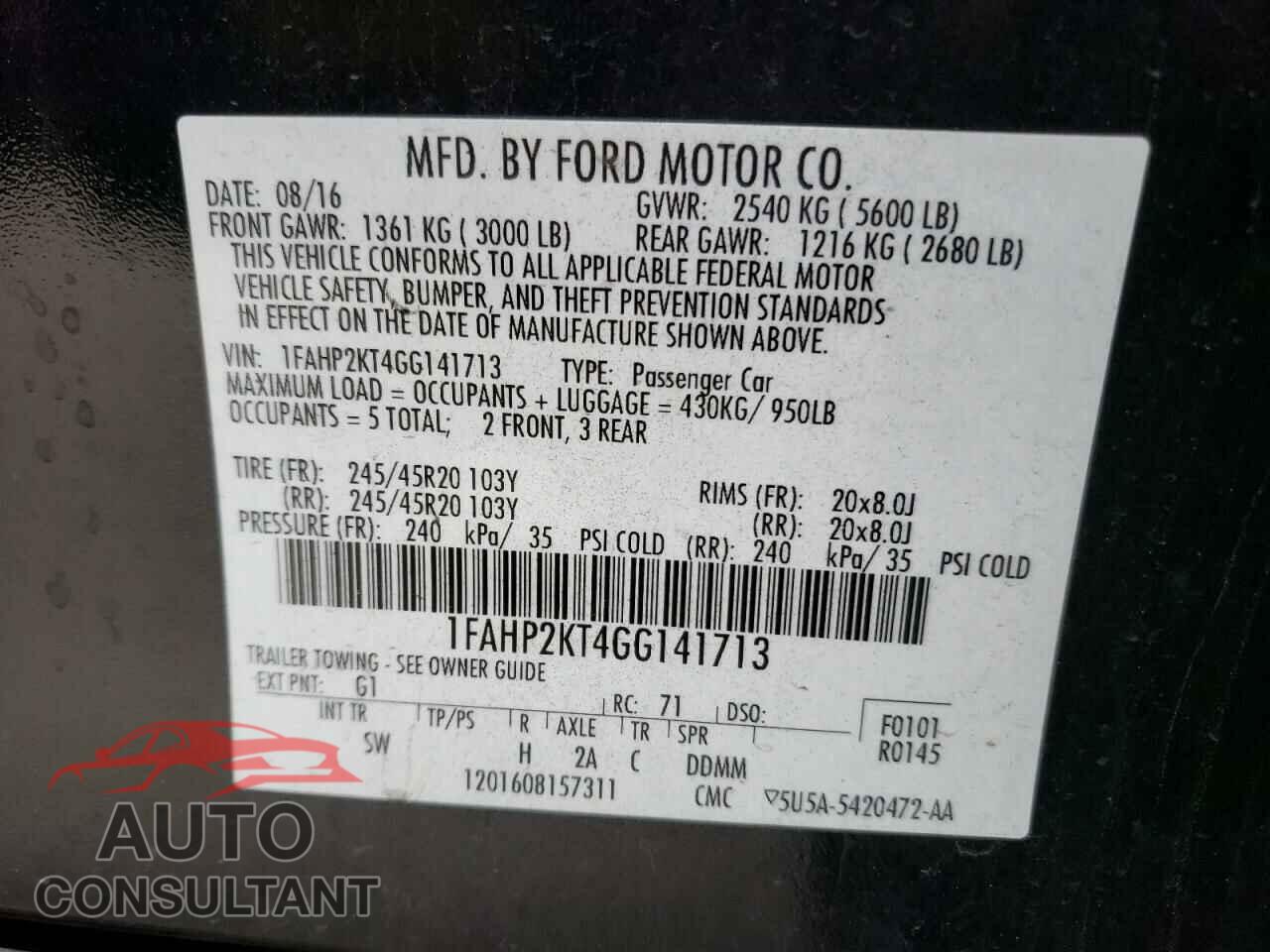 FORD TAURUS 2016 - 1FAHP2KT4GG141713