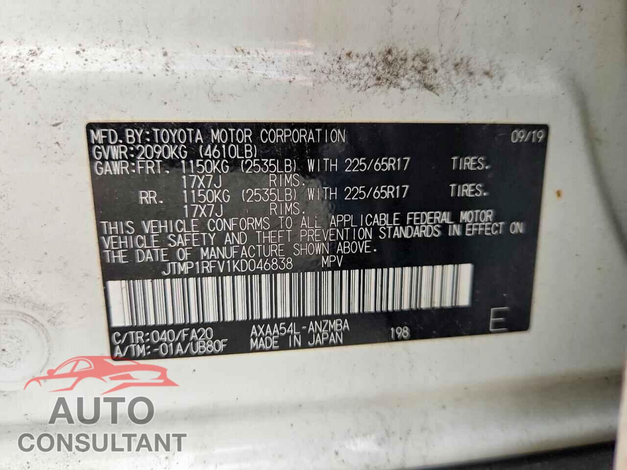 TOYOTA RAV4 2019 - JTMP1RFV1KD046838