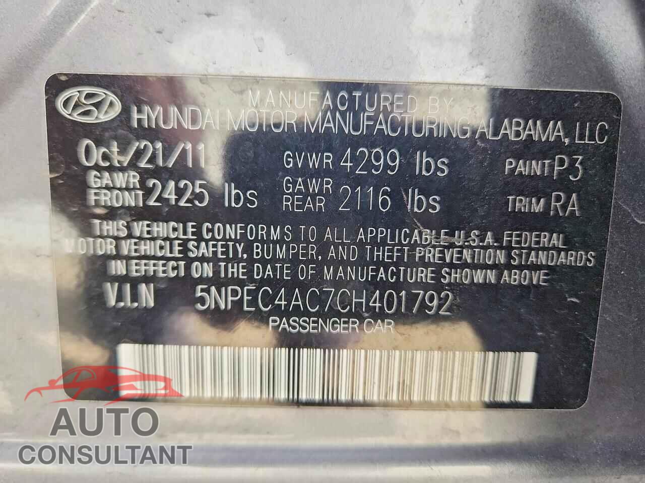 HYUNDAI SONATA 2012 - 5NPEC4AC7CH401792
