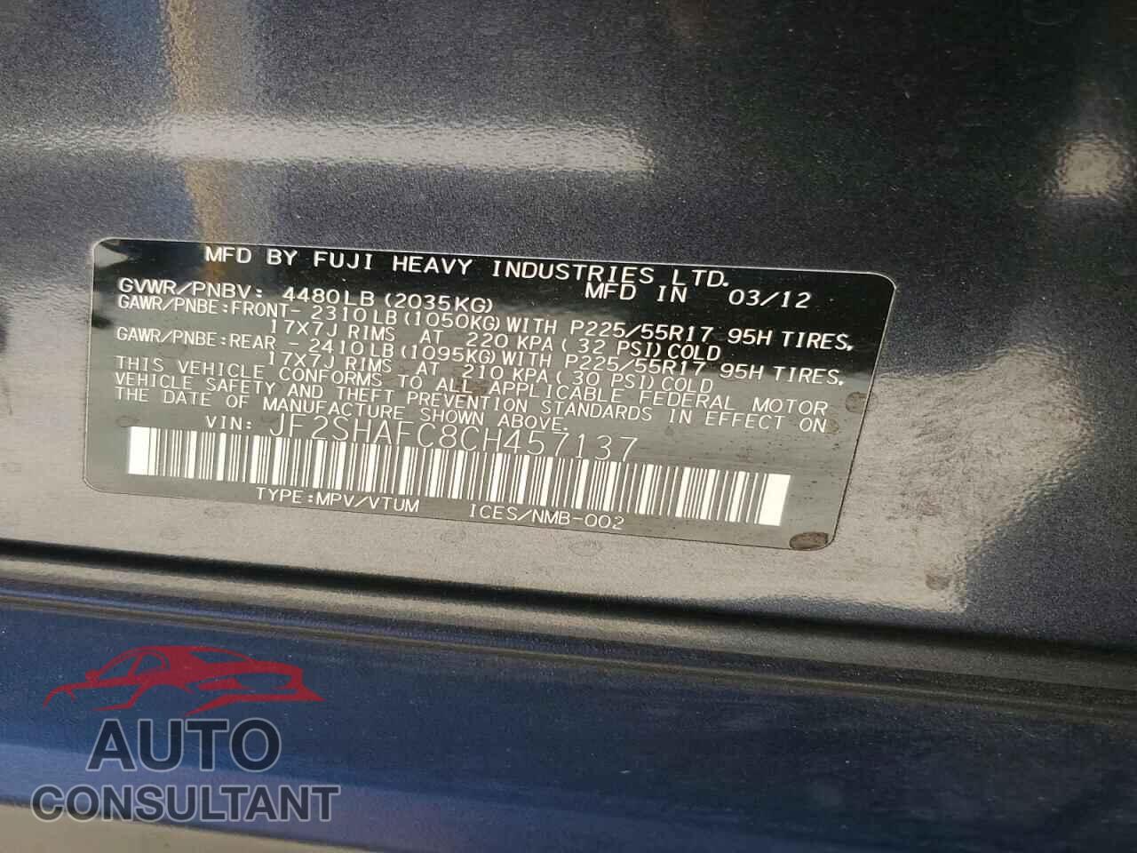 SUBARU FORESTER 2012 - JF2SHAFC8CH457137