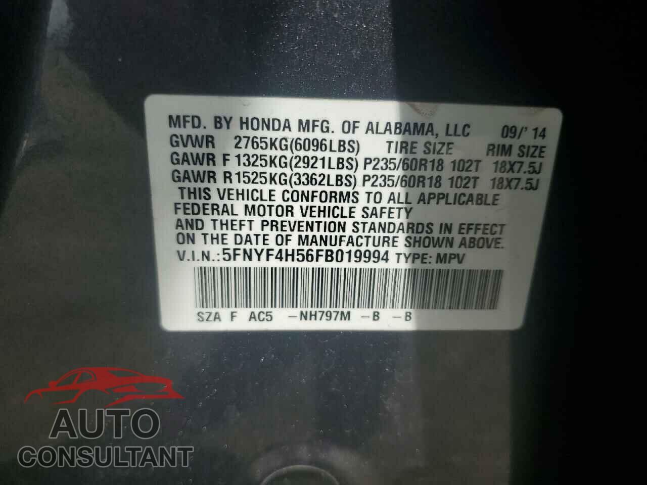 HONDA PILOT 2015 - 5FNYF4H56FB019994