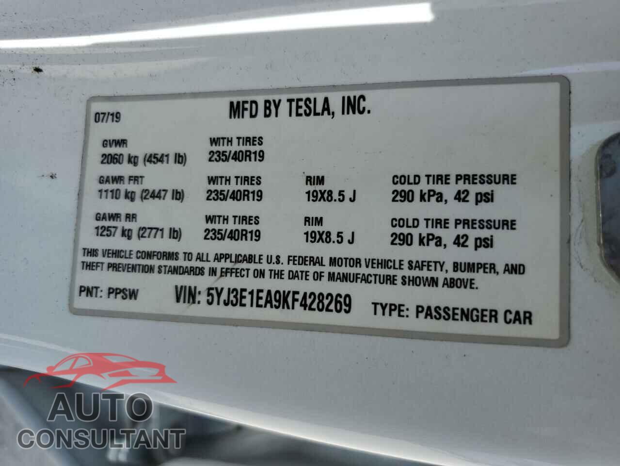 TESLA MODEL 3 2019 - 5YJ3E1EA9KF428269