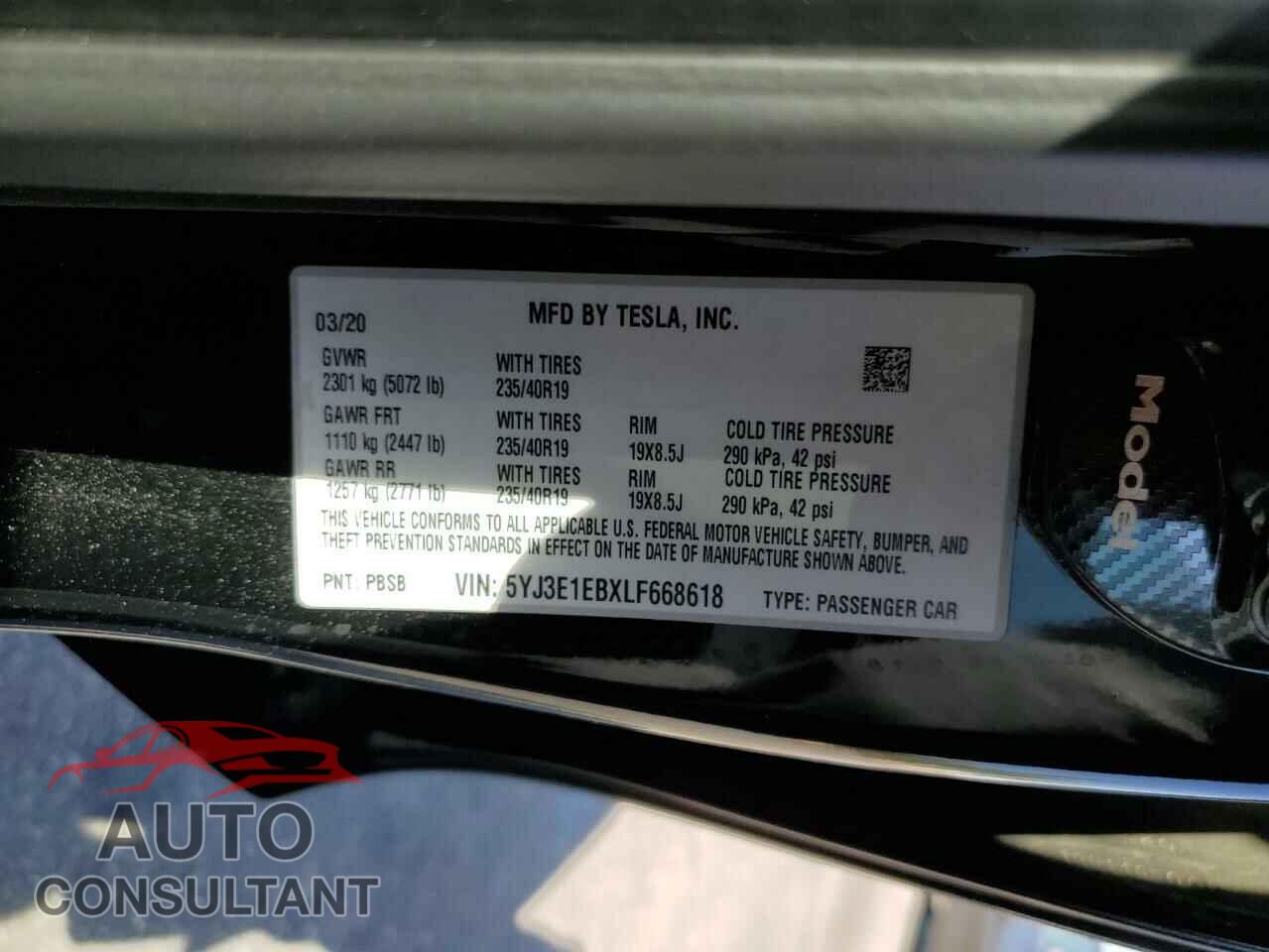 TESLA MODEL 3 2020 - 5YJ3E1EBXLF668618