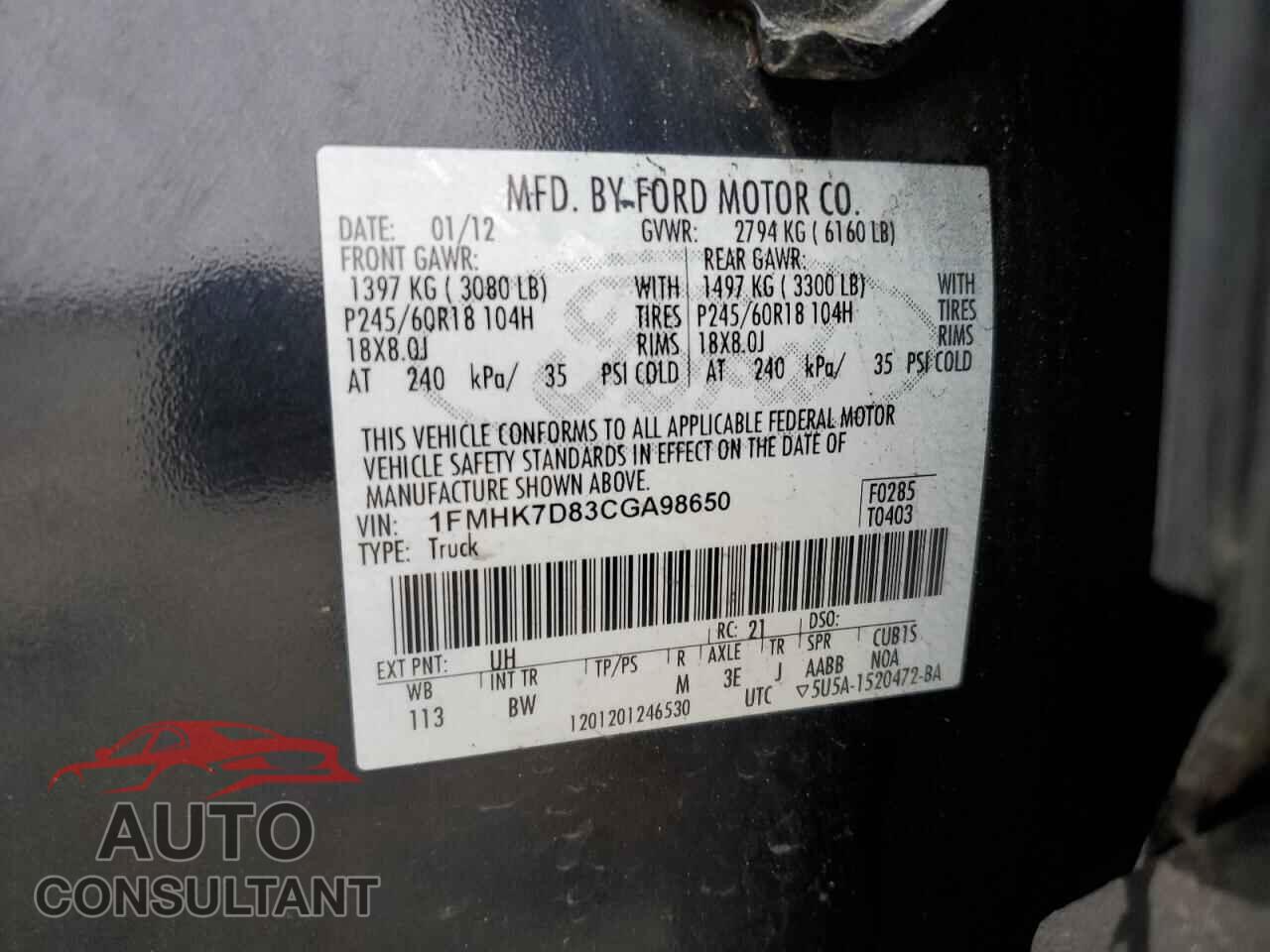 FORD EXPLORER 2012 - 1FMHK7D83CGA98650