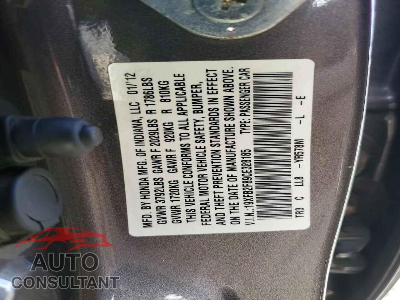 HONDA CIVIC 2012 - 19XFB2F89CE328185