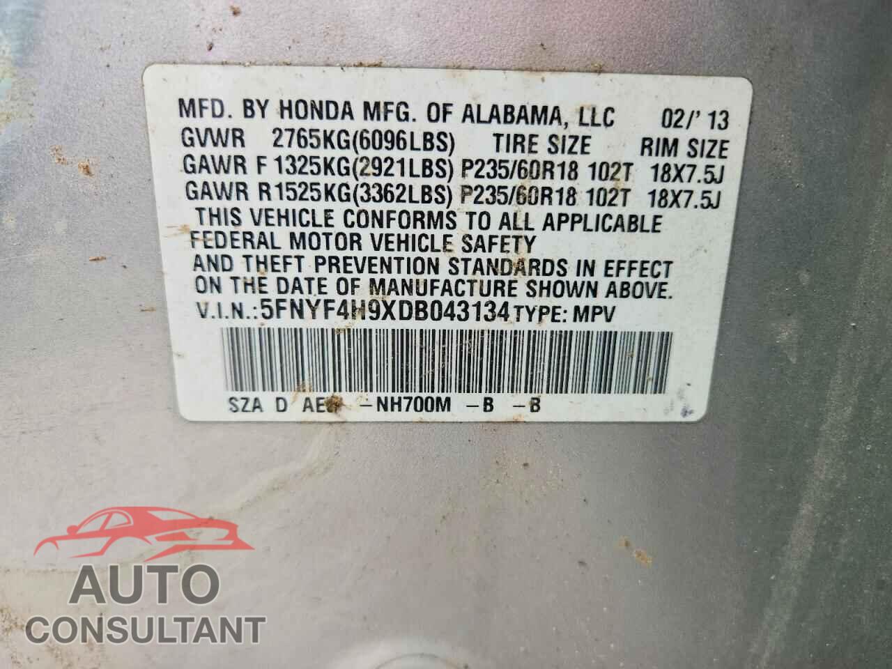 HONDA PILOT 2013 - 5FNYF4H9XDB043134