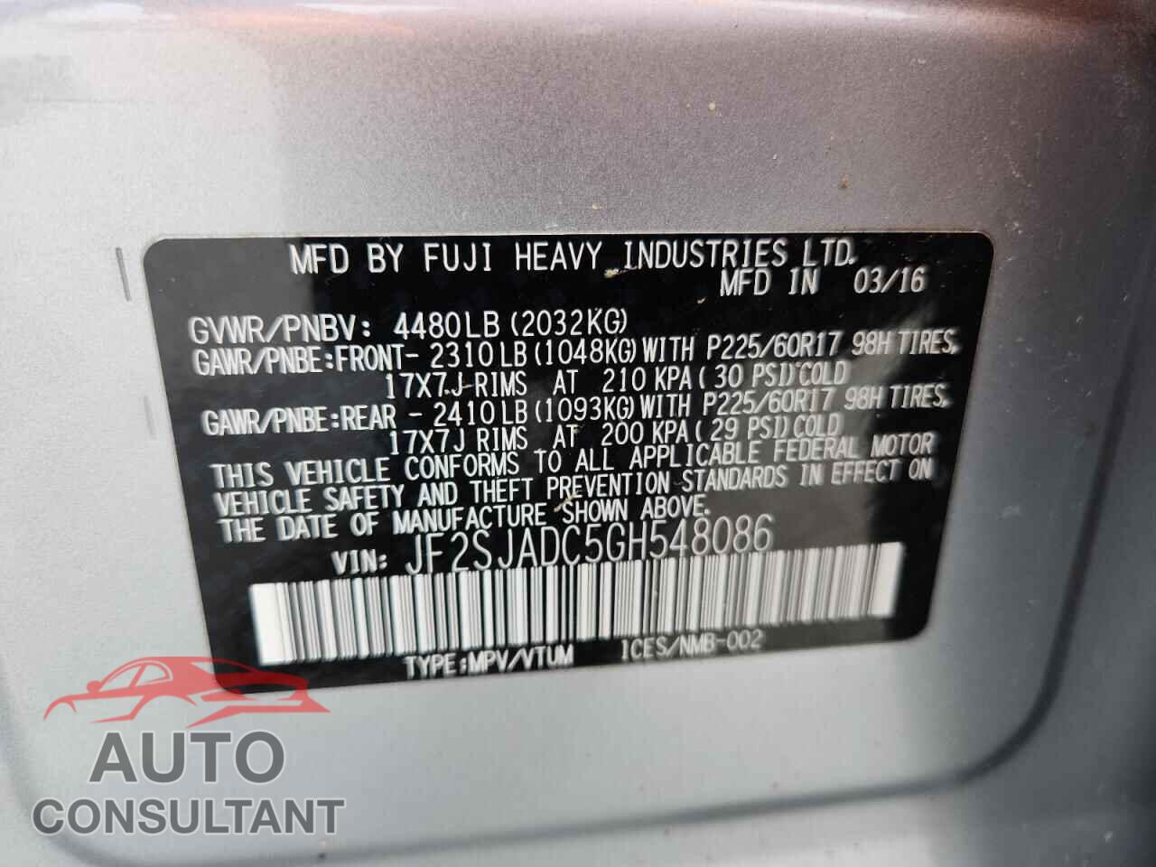SUBARU FORESTER 2016 - JF2SJADC5GH548086