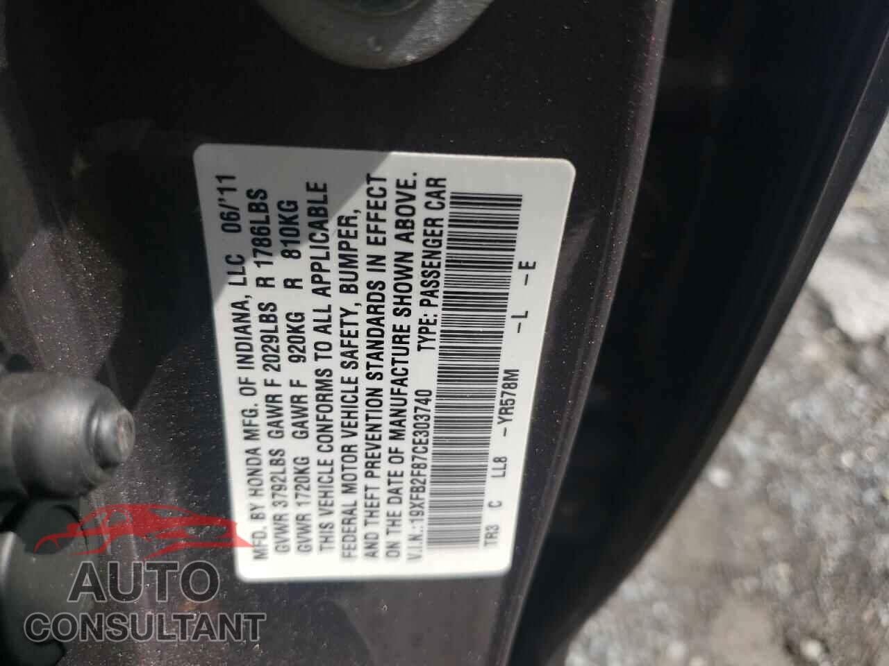 HONDA CIVIC 2012 - 19XFB2F87CE303740