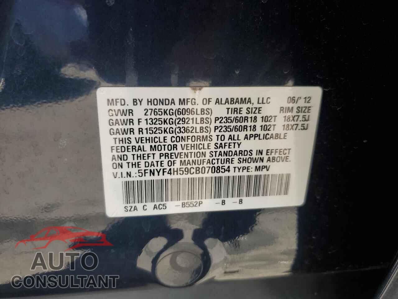HONDA PILOT 2012 - 5FNYF4H59CB070854