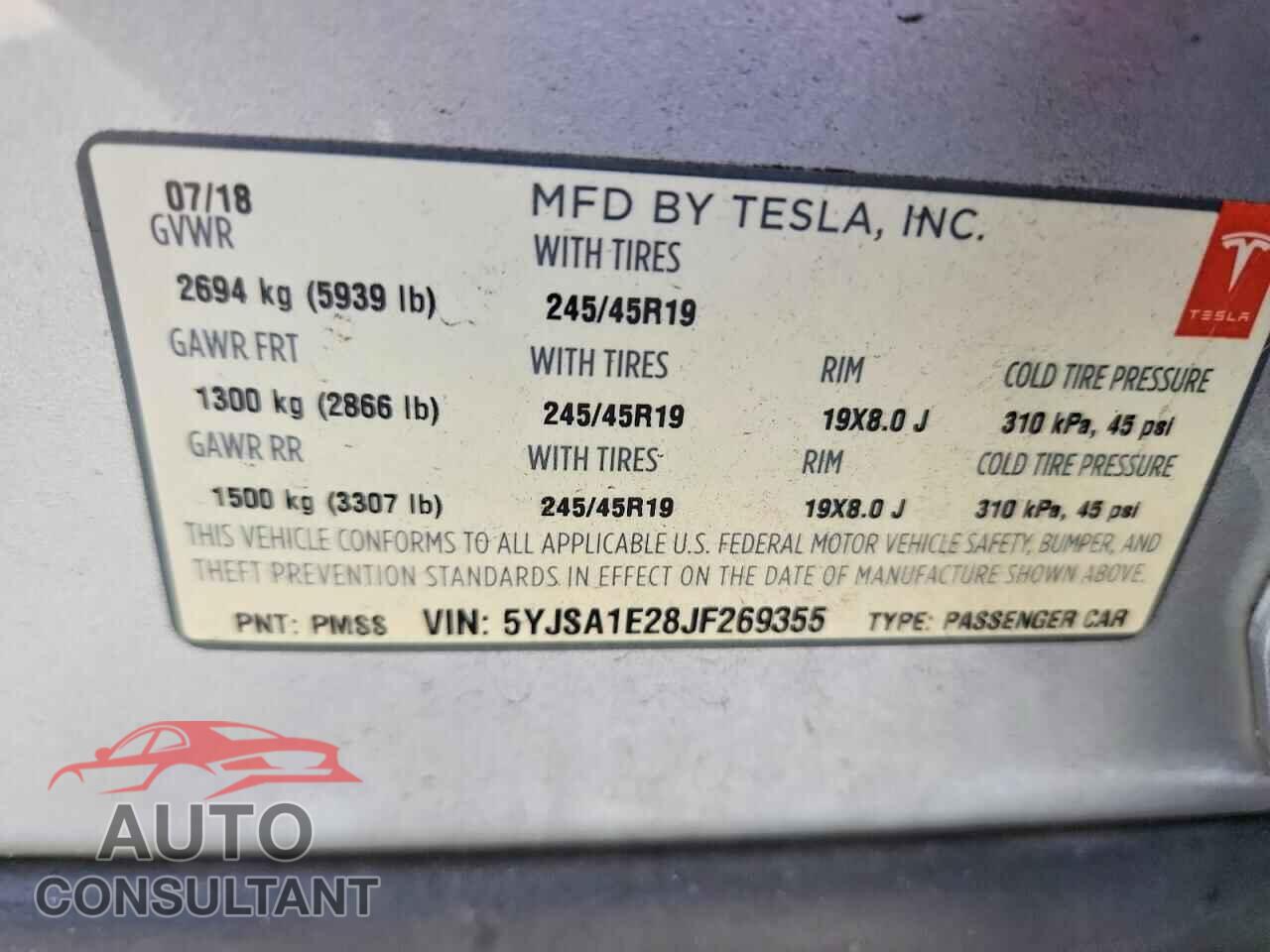 TESLA MODEL S 2018 - 5YJSA1E28JF269355