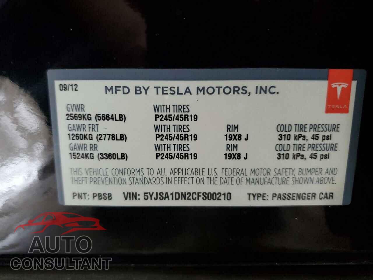TESLA MODEL S 2012 - 5YJSA1DN2CFS00210