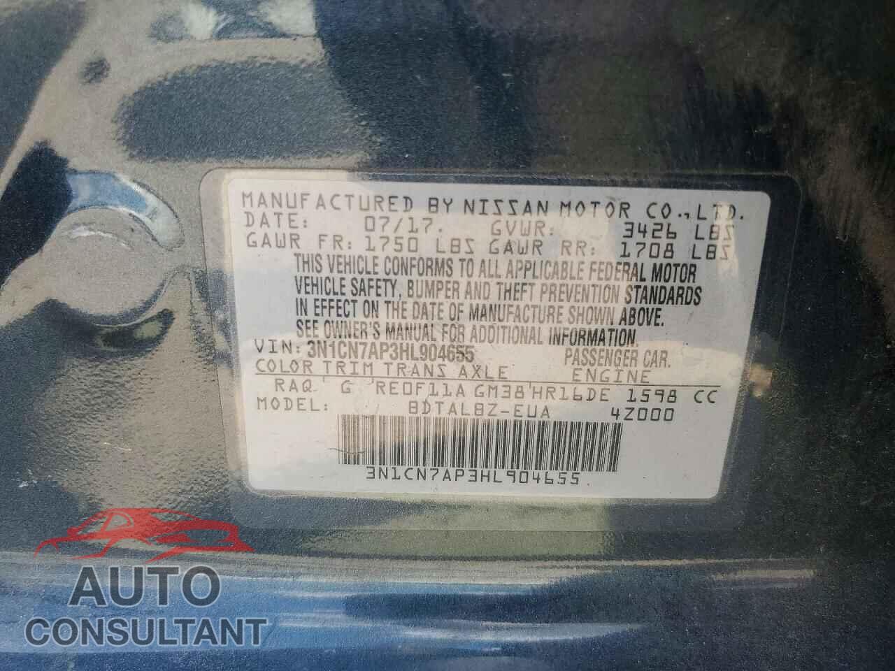 NISSAN VERSA 2017 - 3N1CN7AP3HL904655