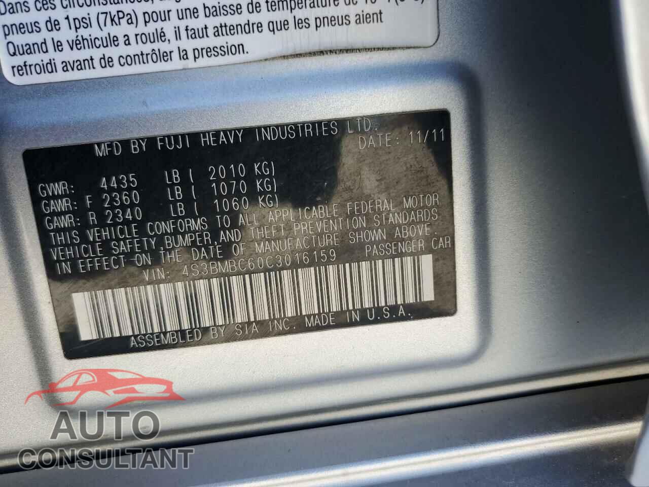 SUBARU LEGACY 2012 - 4S3BMBC60C3016159