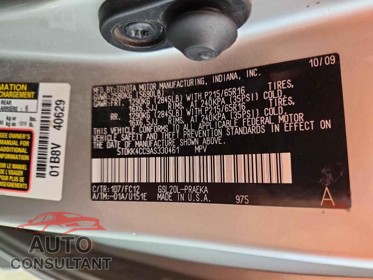 TOYOTA SIENNA 2010 - 5TDKK4CC9AS330461