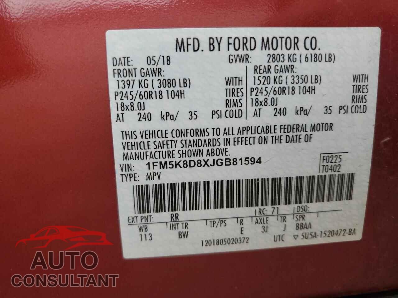 FORD EXPLORER 2018 - 1FM5K8D8XJGB81594