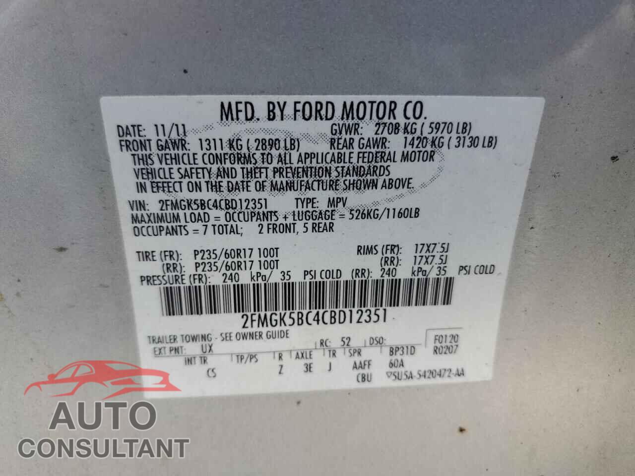 FORD FLEX 2012 - 2FMGK5BC4CBD12351