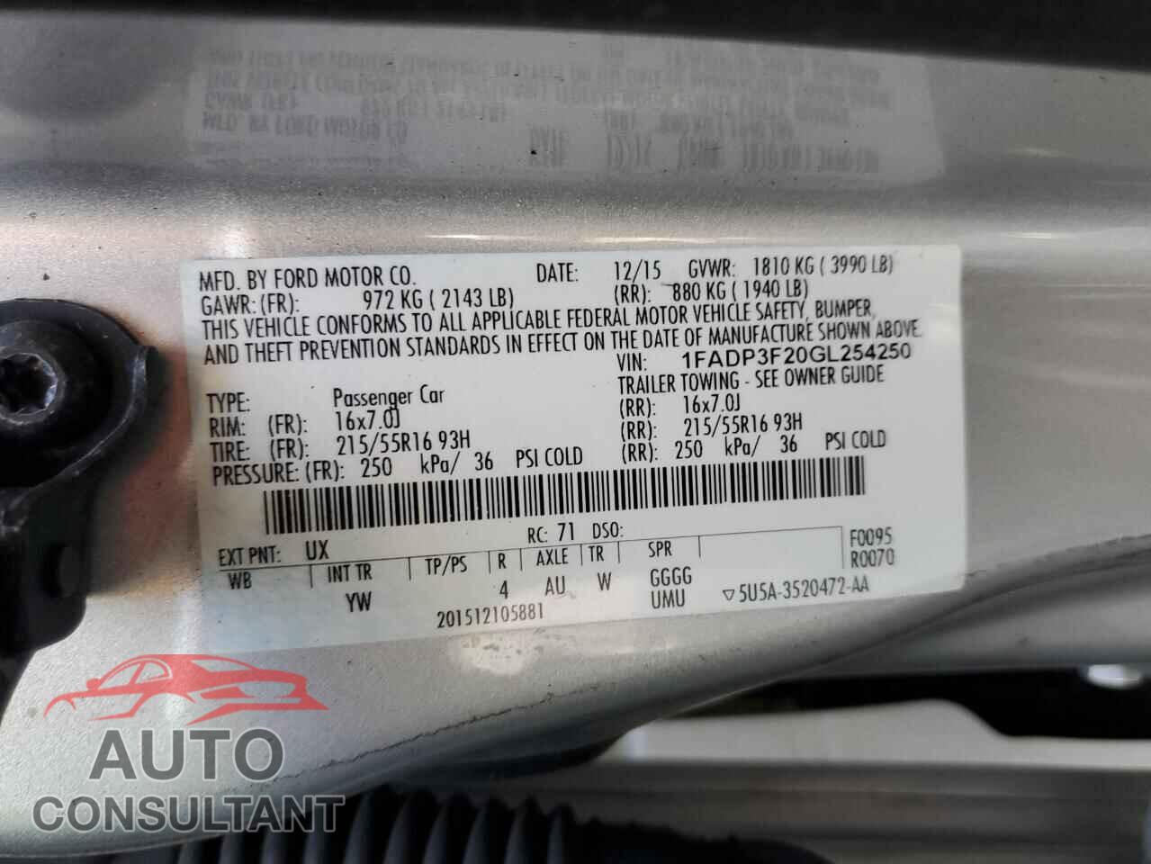 FORD FOCUS 2016 - 1FADP3F20GL254250