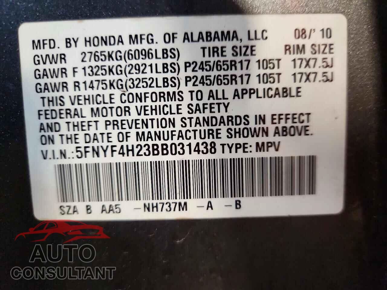 HONDA PILOT 2011 - 5FNYF4H23BB031438