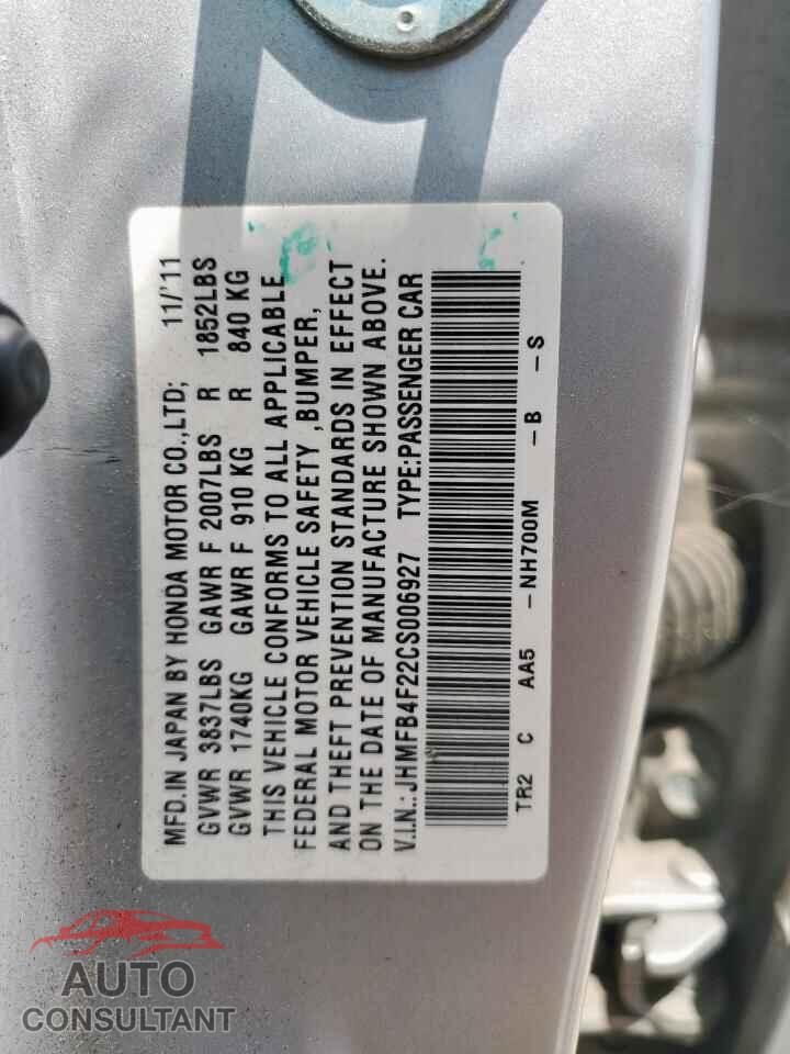HONDA CIVIC 2012 - JHMFB4F22CS006927
