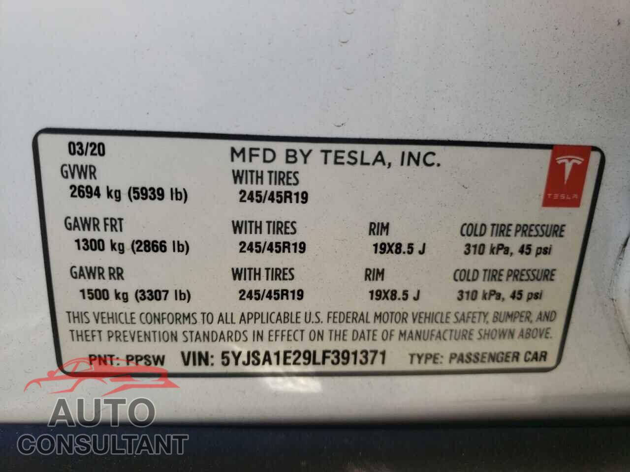 TESLA MODEL S 2020 - 5YJSA1E29LF391371