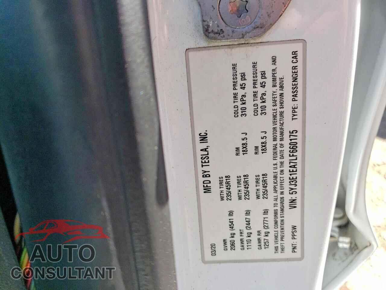 TESLA MODEL 3 2020 - 5YJ3E1EA7LF660175