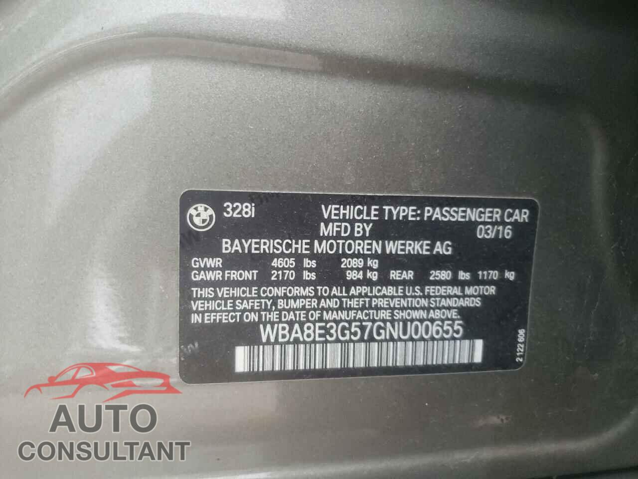 BMW 3 SERIES 2016 - WBA8E3G57GNU00655