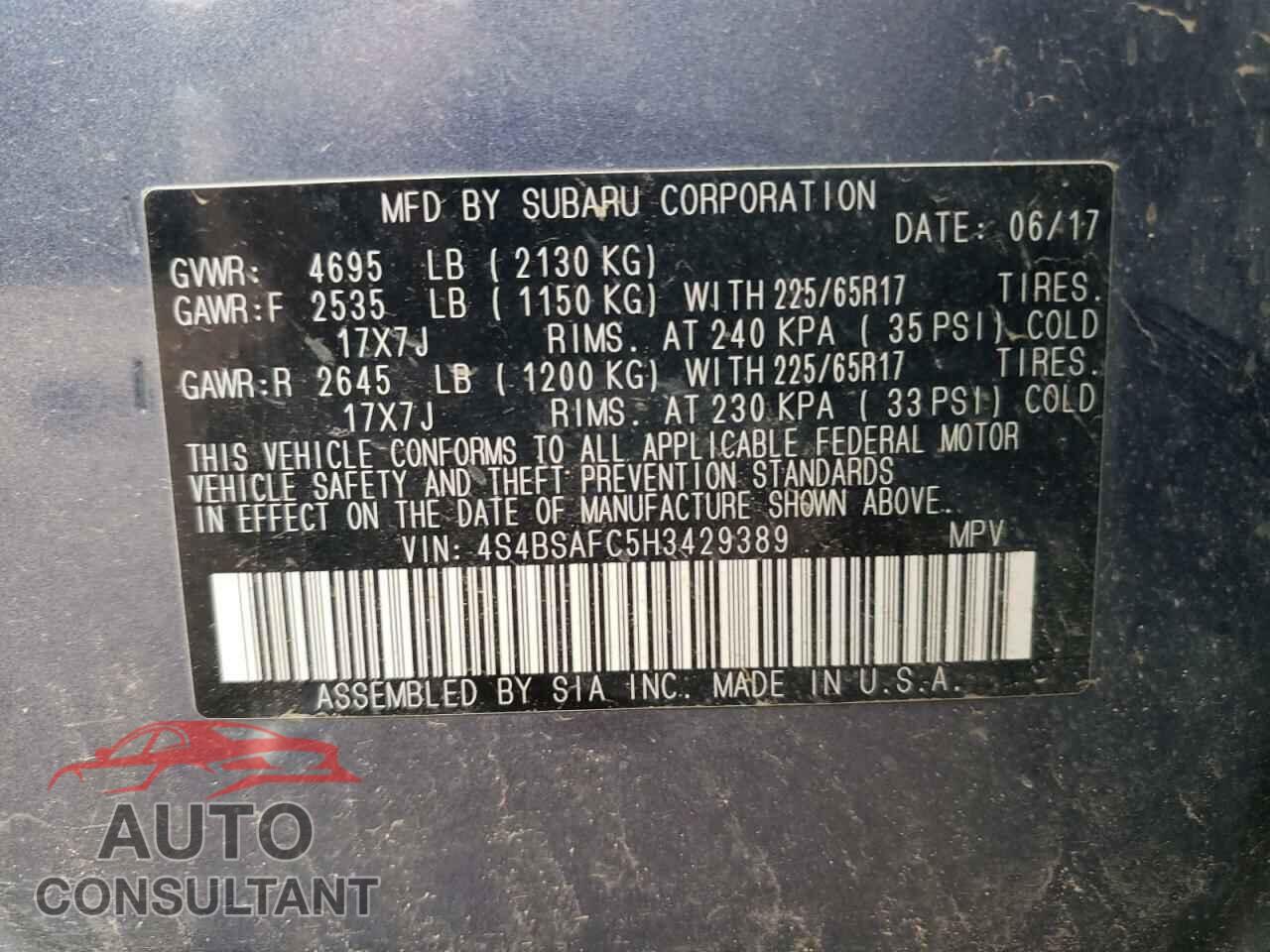 SUBARU OUTBACK 2017 - 4S4BSAFC5H3429389