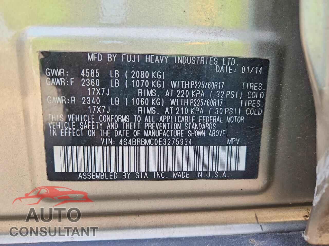 SUBARU OUTBACK 2014 - 4S4BRBMC0E3275934