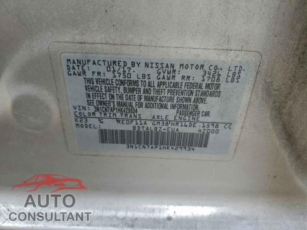 NISSAN VERSA 2017 - 3N1CN7AP1HK429934