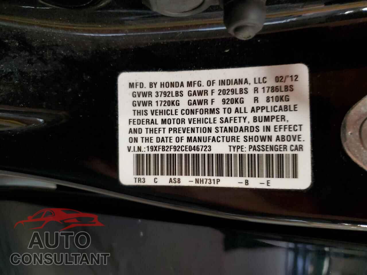 HONDA CIVIC 2012 - 19XFB2F92CE046723