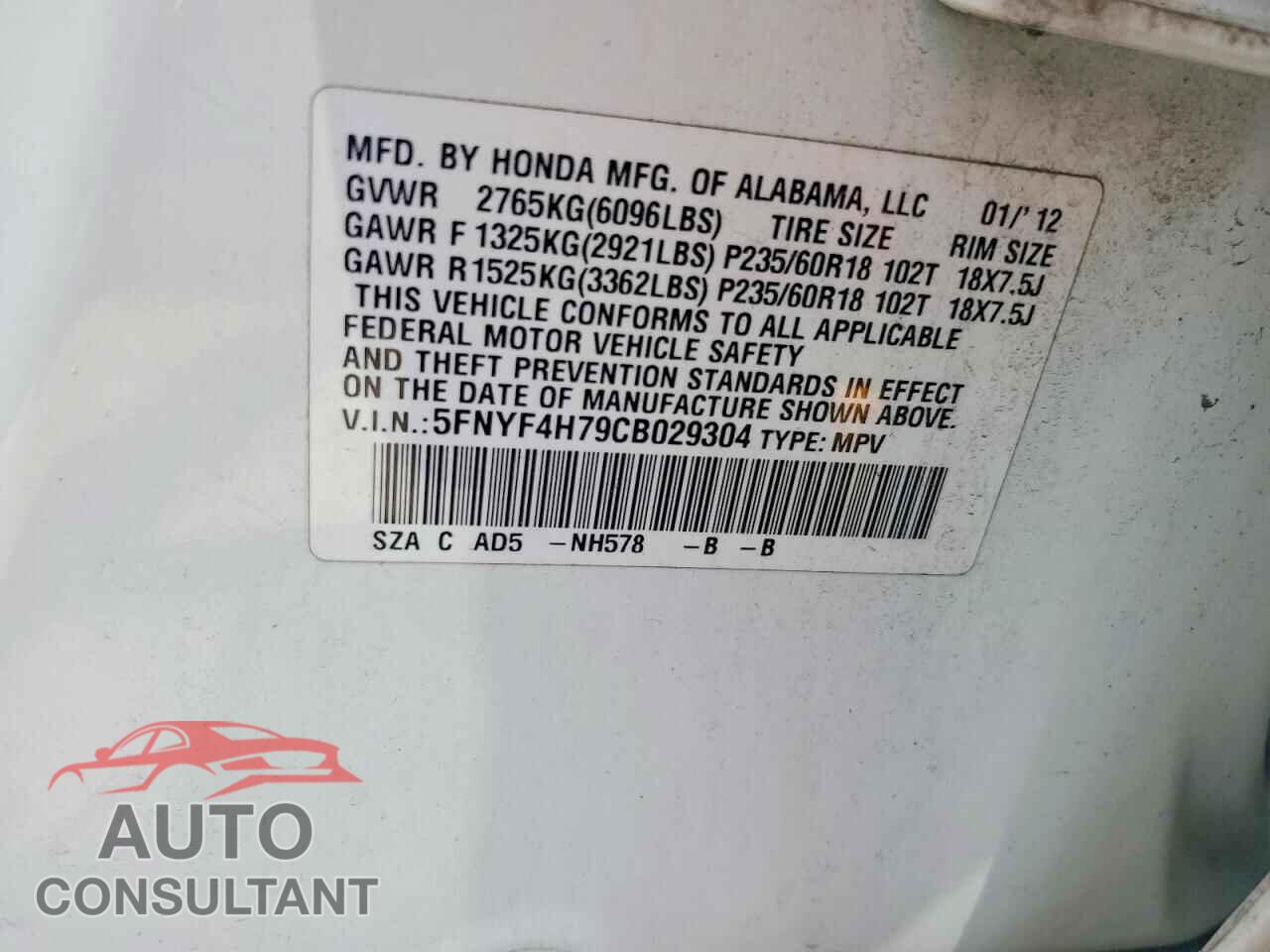 HONDA PILOT 2012 - 5FNYF4H79CB029304