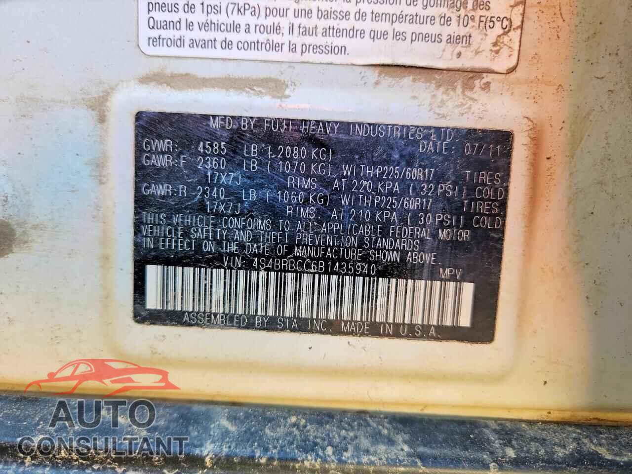 SUBARU OUTBACK 2011 - 4S4BRBCC6B1435940