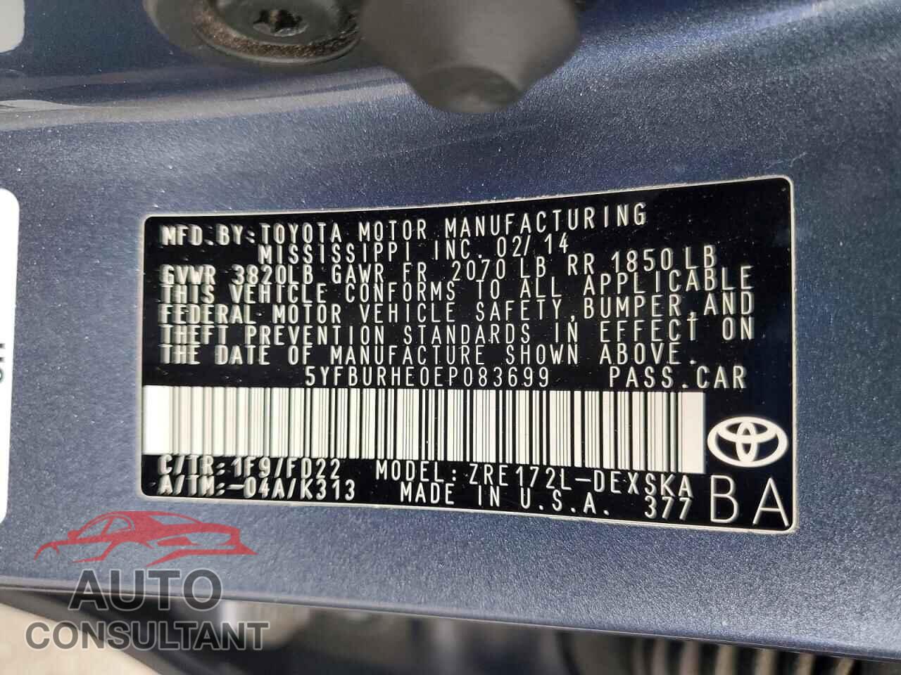 TOYOTA COROLLA 2014 - 5YFBURHE0EP083699