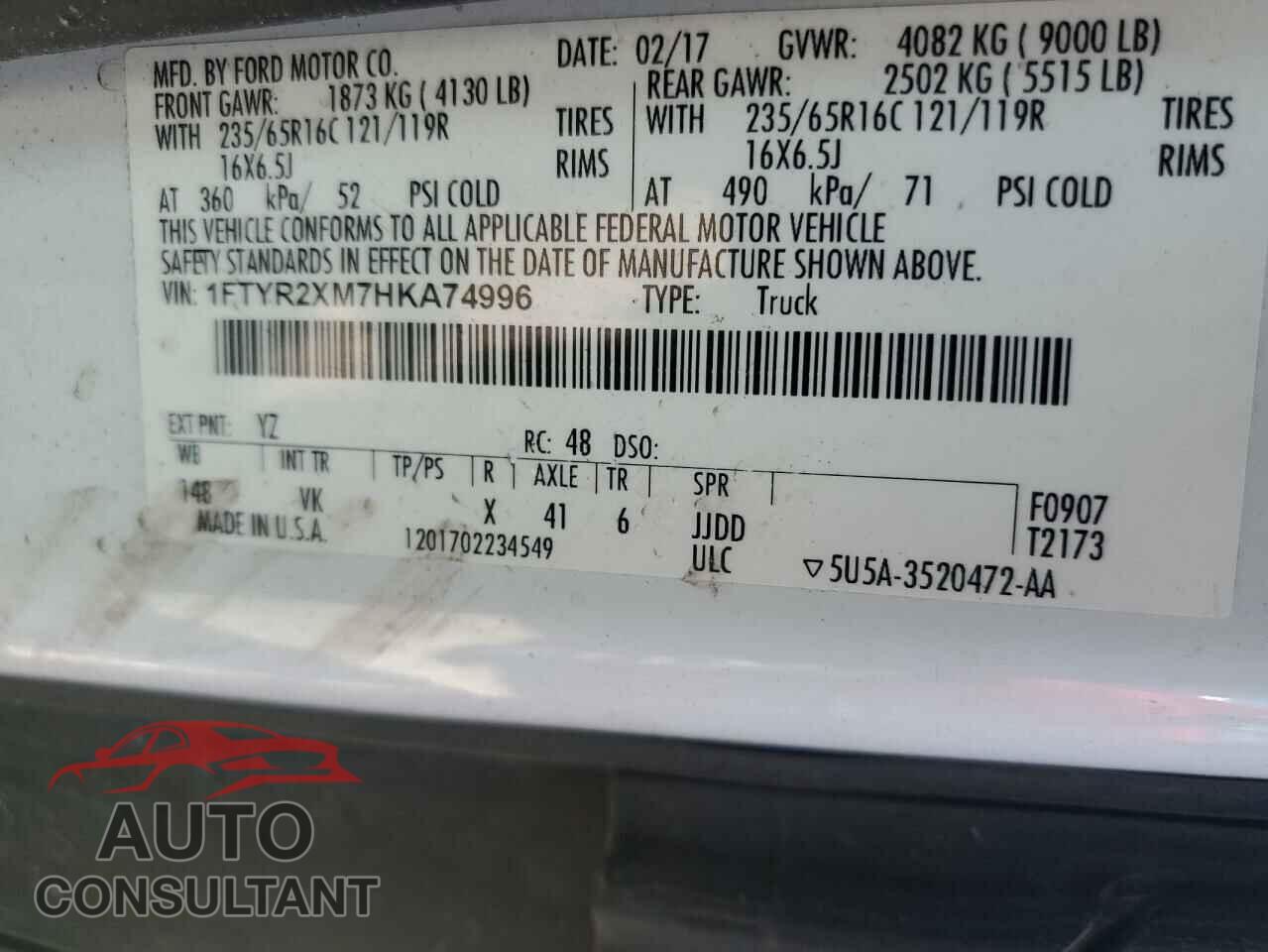 FORD TRANSIT 2017 - 1FTYR2XM7HKA74996