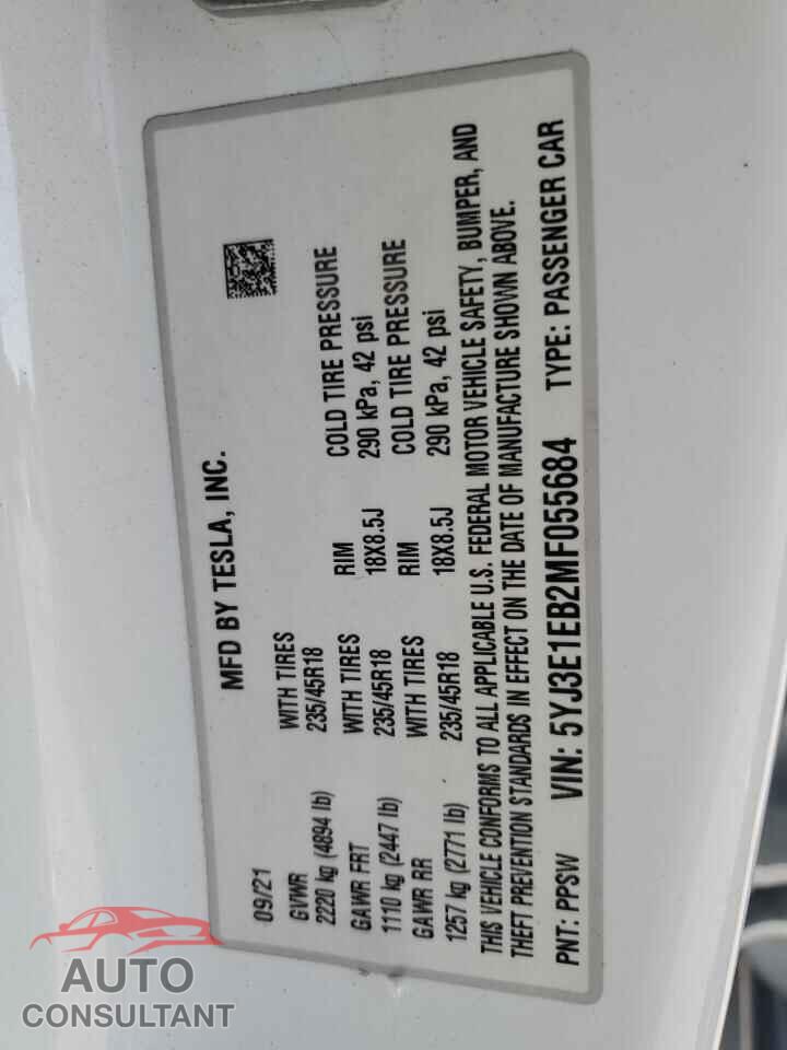 TESLA MODEL 3 2021 - 5YJ3E1EB2MF055684