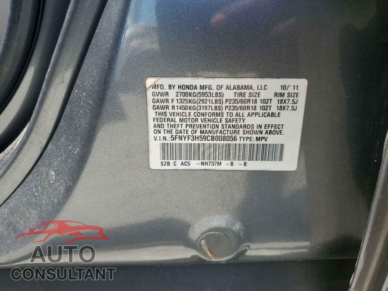 HONDA PILOT 2012 - 5FNYF3H59CB008056