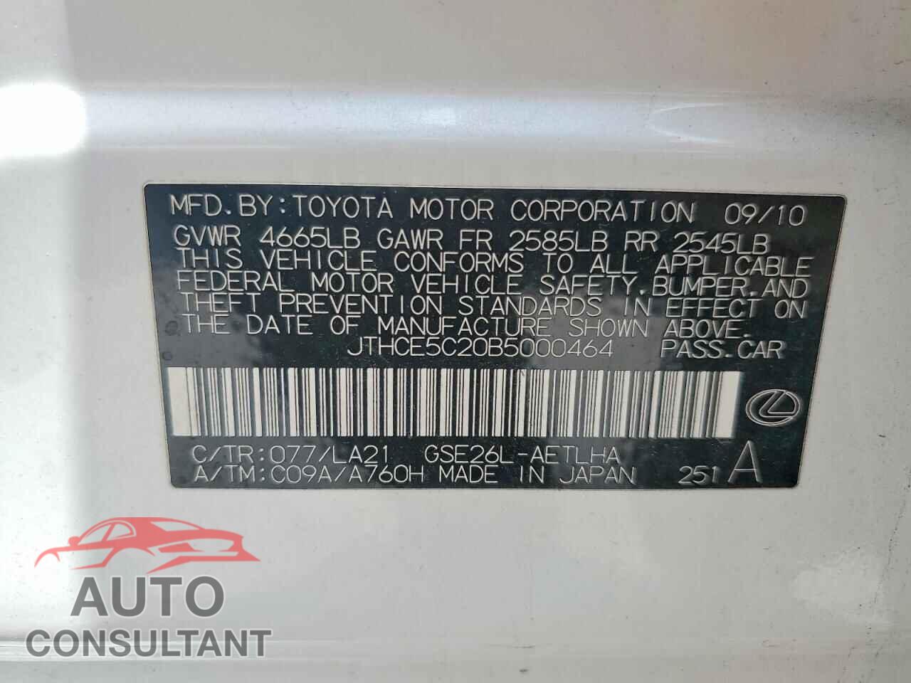 LEXUS IS 2011 - JTHCE5C20B5000464
