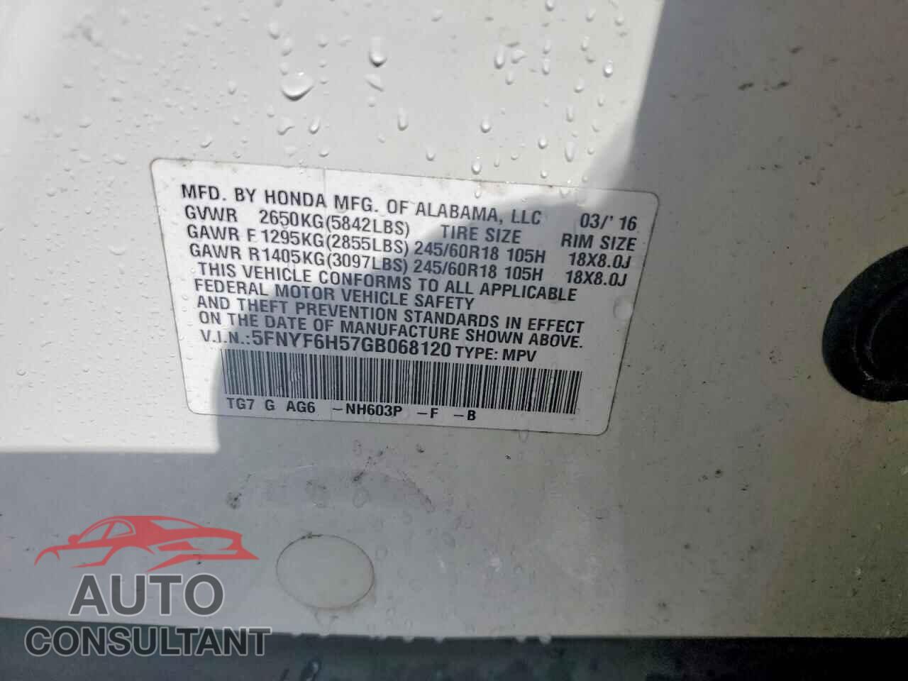 HONDA PILOT 2016 - 5FNYF6H57GB068120