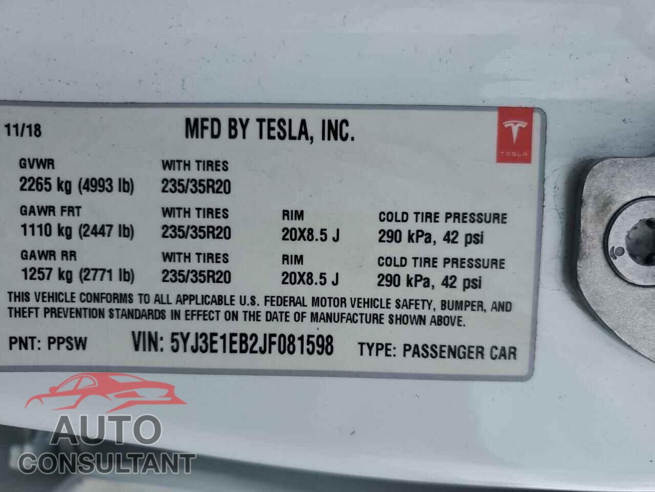 TESLA MODEL 3 2018 - 5YJ3E1EB2JF081598