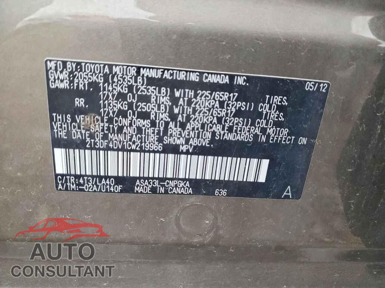 TOYOTA RAV4 2012 - 2T3DF4DV1CW219966