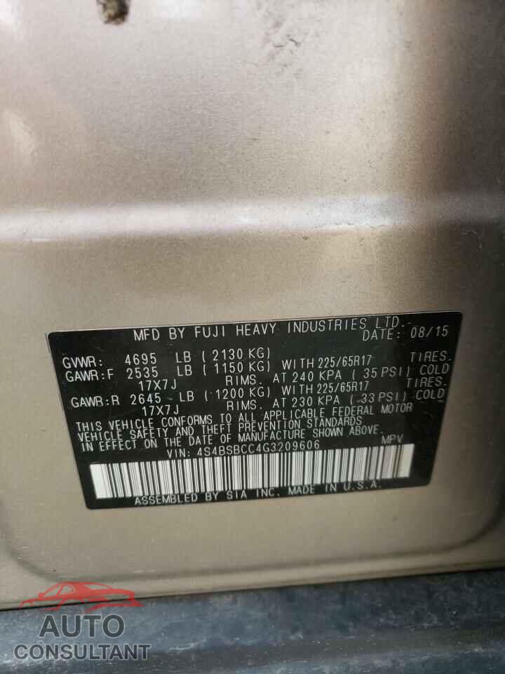SUBARU OUTBACK 2016 - 4S4BSBCC4G3209606