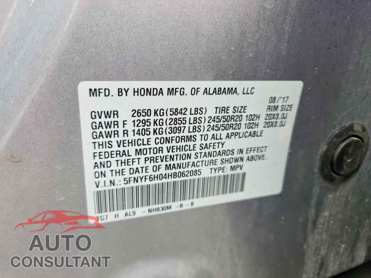 HONDA PILOT 2017 - 5FNYF6H04HB062085