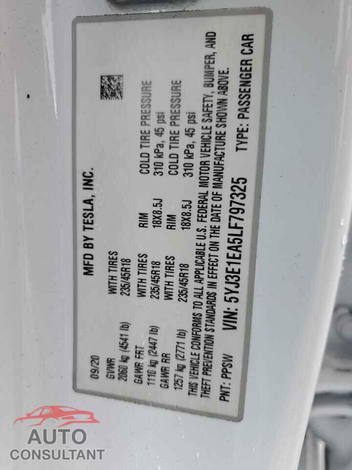 TESLA MODEL 3 2020 - 5YJ3E1EA5LF797325