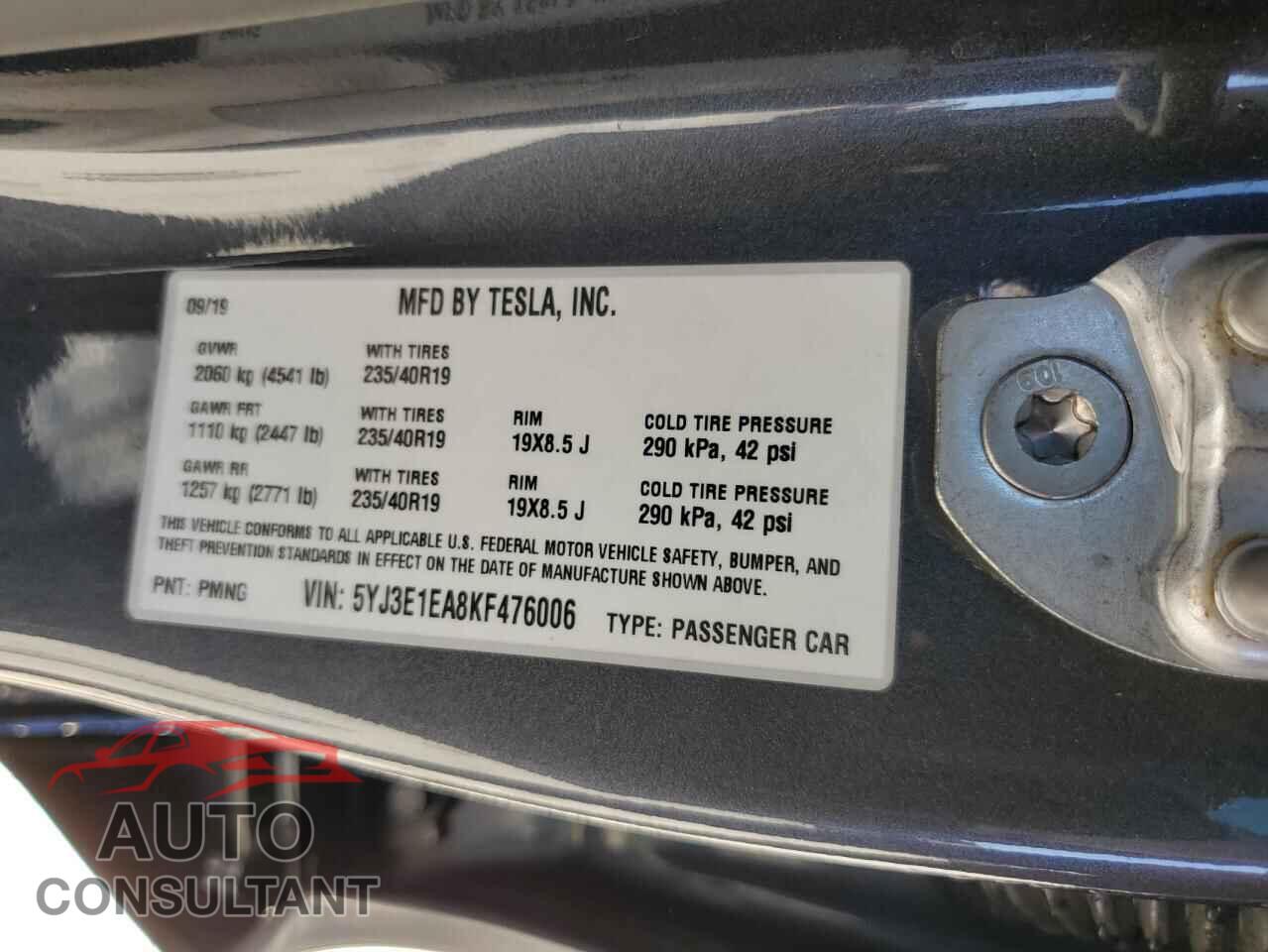 TESLA MODEL 3 2019 - 5YJ3E1EA8KF476006