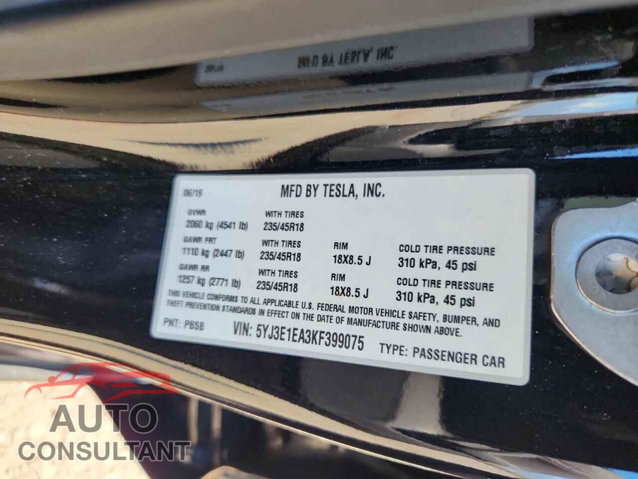 TESLA MODEL 3 2019 - 5YJ3E1EA3KF399075