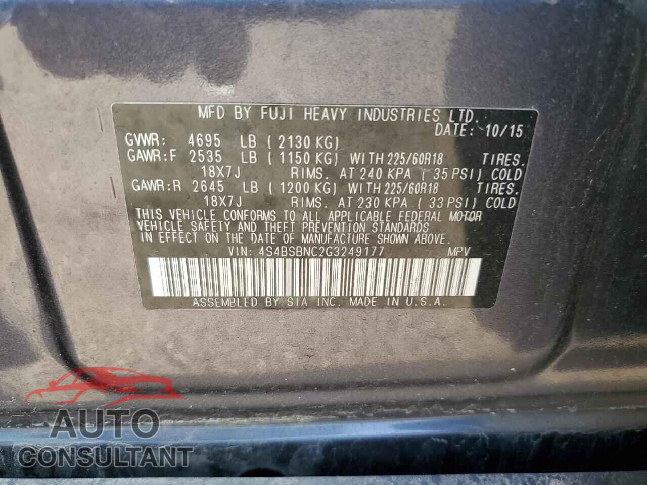 SUBARU OUTBACK 2016 - 4S4BSBNC2G3249177